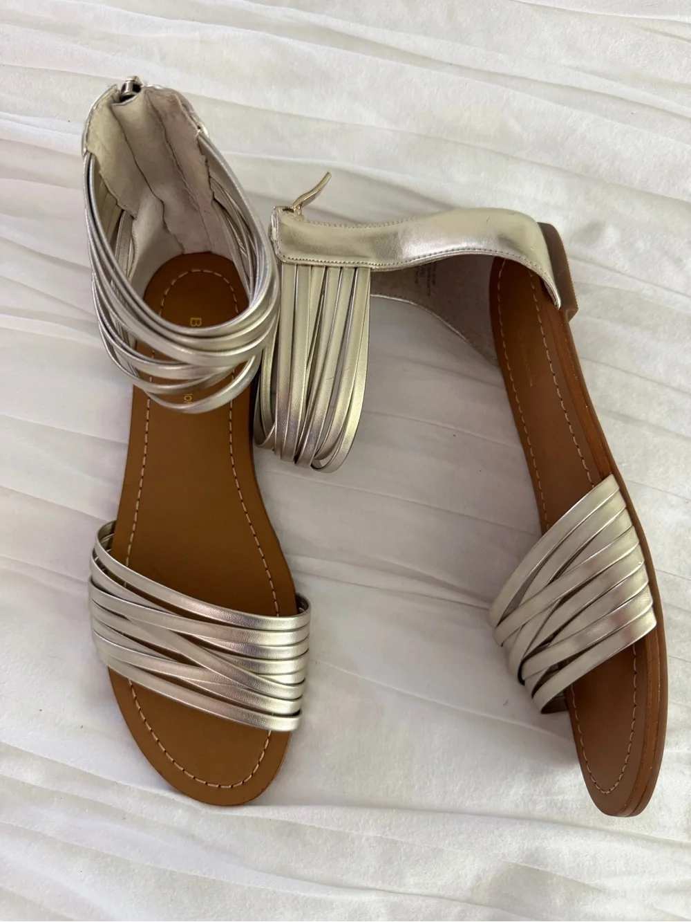 BCBGeneration Metallic Gold Strappy Ankle Zip Sandals Size 7 New